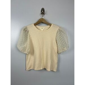 Maeve by Anthropologie Ivory Blouse Medium Sheer Puff Sleeve Mesh Swiss Dot Top